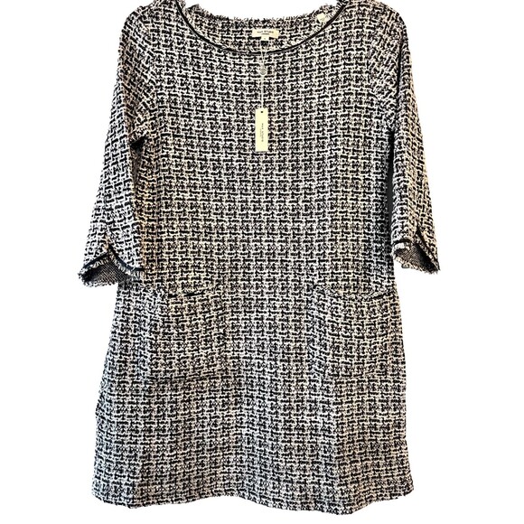 Max Studio Dresses & Skirts - Max Studio Black White Soft Tweed 3/4 Sleeve Dress w/Fringes Size LARGE NWT